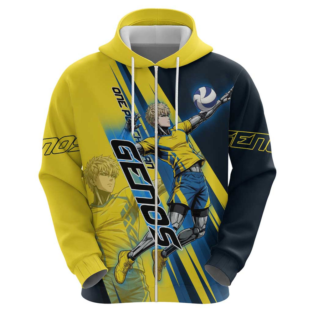 Personalized Genos Volleyball Design Hoodie with Yellow and Blue Athletic Theme and Dynamic Spike Po Personalized Genos Volleyball Design Hoodie with Yellow and Blue Athletic Theme and Dynamic Spike Po