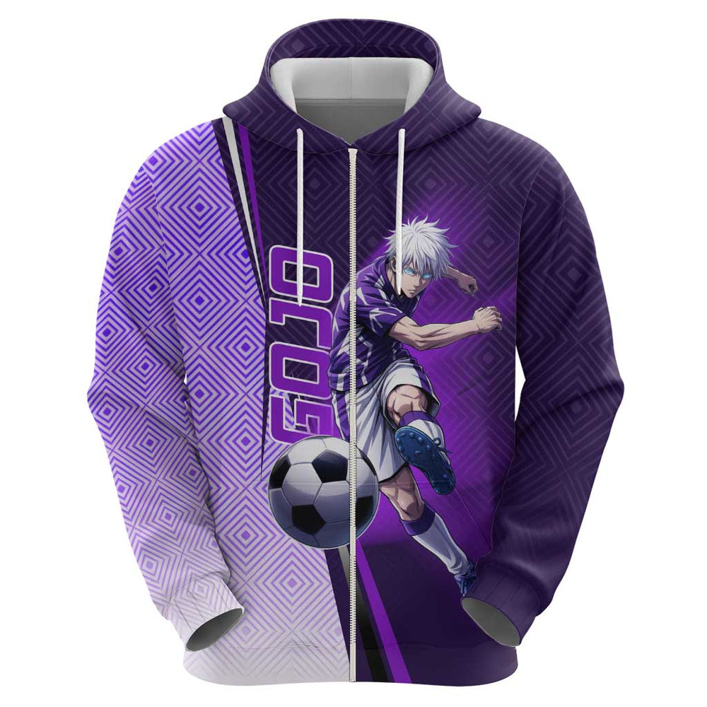 Personalized Gojo Satoru Jujutsu Kaisen Soccer Theme Hoodie with Kicking Pose and Purple Gradient Ge Personalized Gojo Satoru Jujutsu Kaisen Soccer Theme Hoodie with Kicking Pose and Purple Gradient Ge