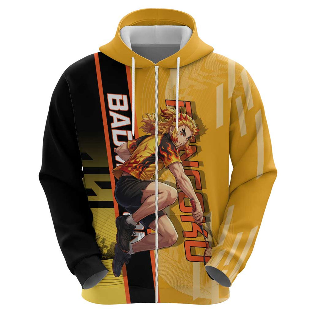 Personalized Rengoku Anime Badminton Theme Hoodie with Racket Action Pose and Fiery Yellow Black Gra Personalized Rengoku Anime Badminton Theme Hoodie with Racket Action Pose and Fiery Yellow Black Gra