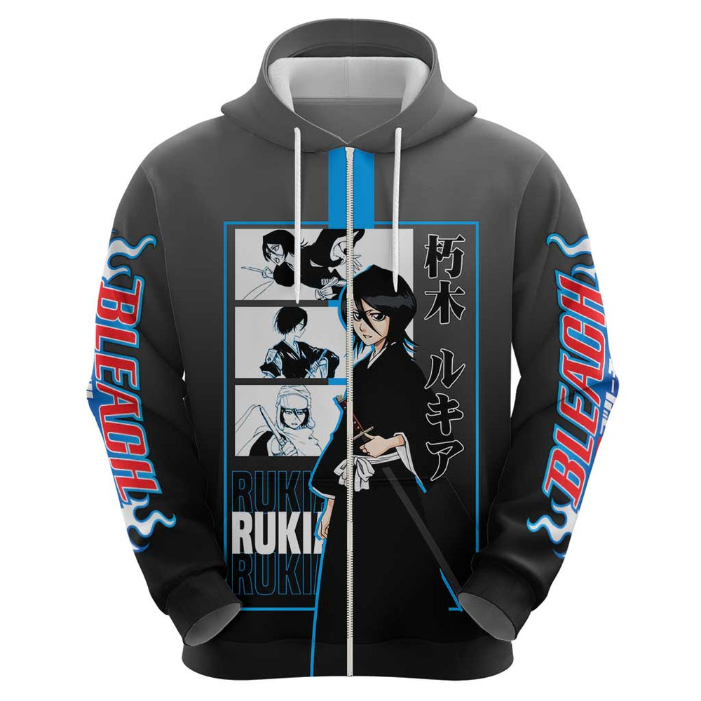 Rukia Kuchiki Bleach Hoodie with Zanpakuto and Elegant Combat Pose Design Rukia Kuchiki Bleach Hoodie with Zanpakuto and Elegant Combat Pose Design