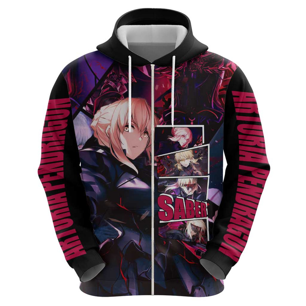 Saber Artoria Pendragon Dark Armor Theme Hoodie with Red and Purple Abstract Background Design Saber Artoria Pendragon Dark Armor Theme Hoodie with Red and Purple Abstract Background Design