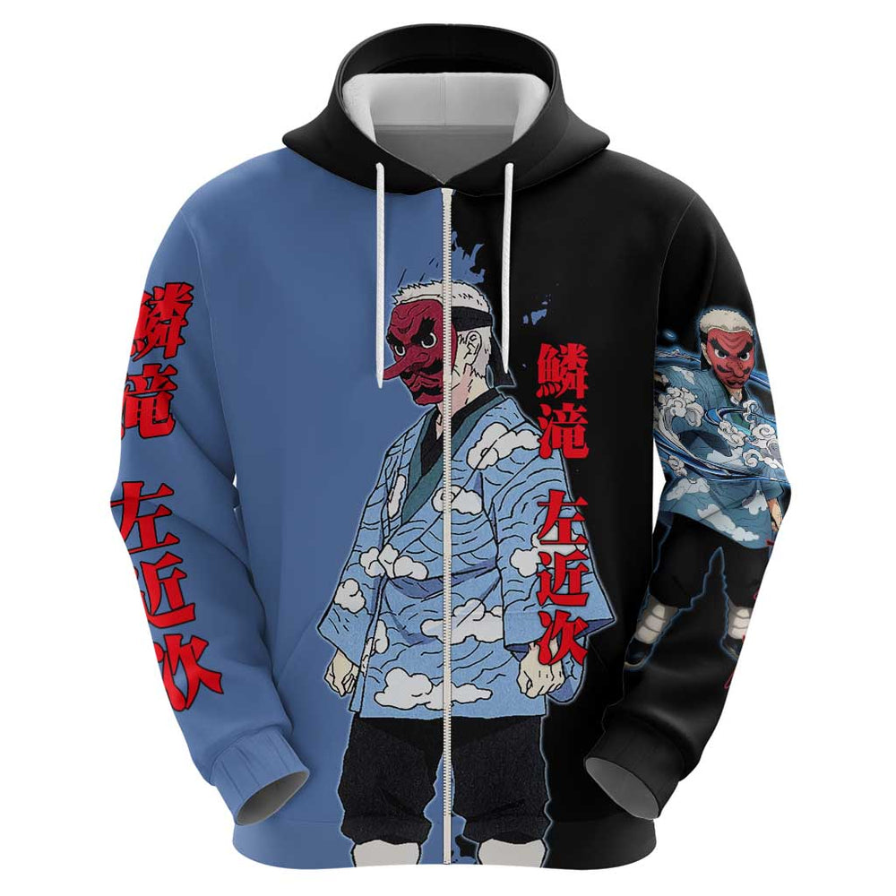 Sakonji Urokodaki from Demon Slayer Hoodie with Blue and Black Split Background and Cloud Kimono Wat Sakonji Urokodaki from Demon Slayer Hoodie with Blue and Black Split Background and Cloud Kimono Wat