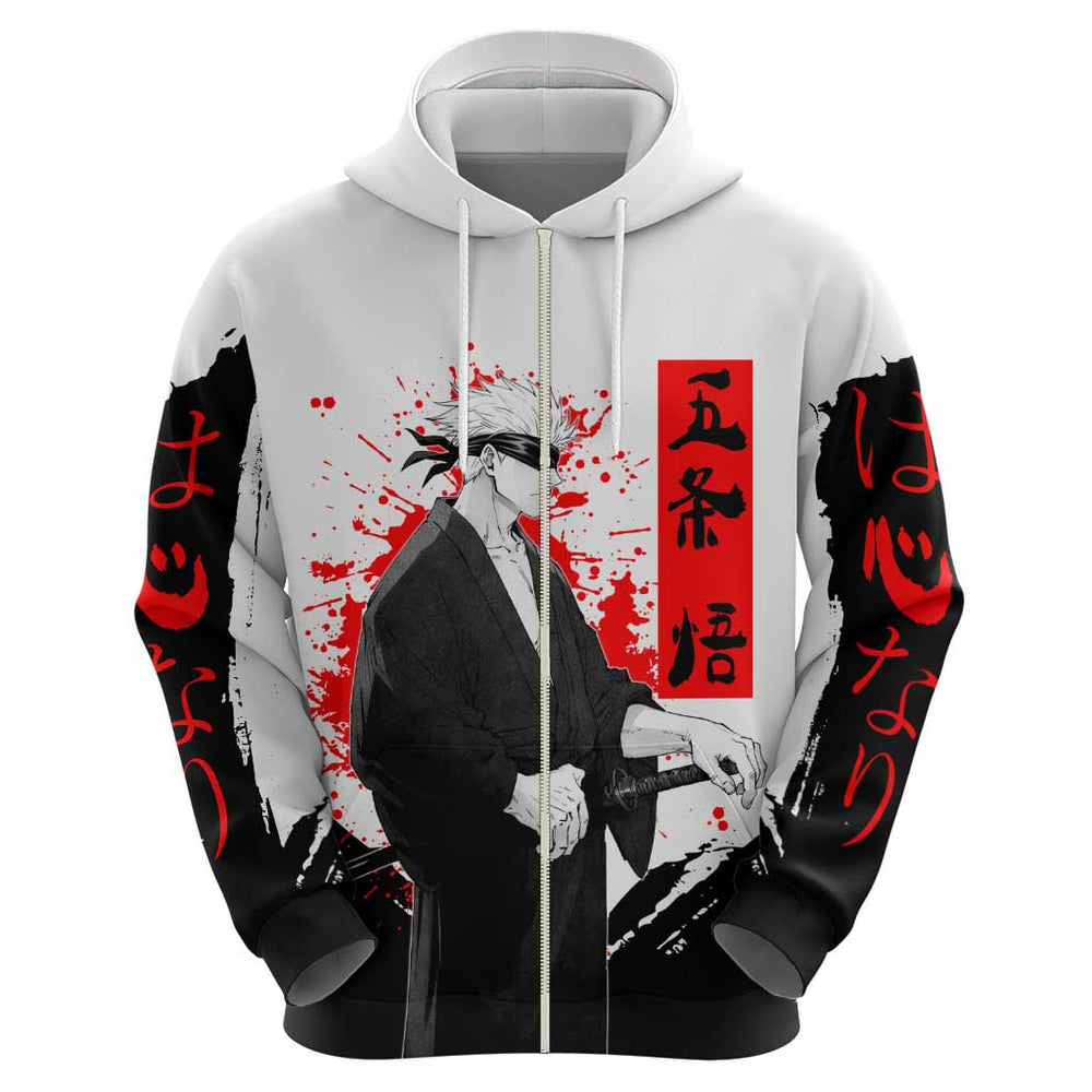 Satoru Gojo Jujutsu Kaisen Samurai Style Hoodie with Katana Red Kanji and Oni Mask Illustration Satoru Gojo Jujutsu Kaisen Samurai Style Hoodie with Katana Red Kanji and Oni Mask Illustration
