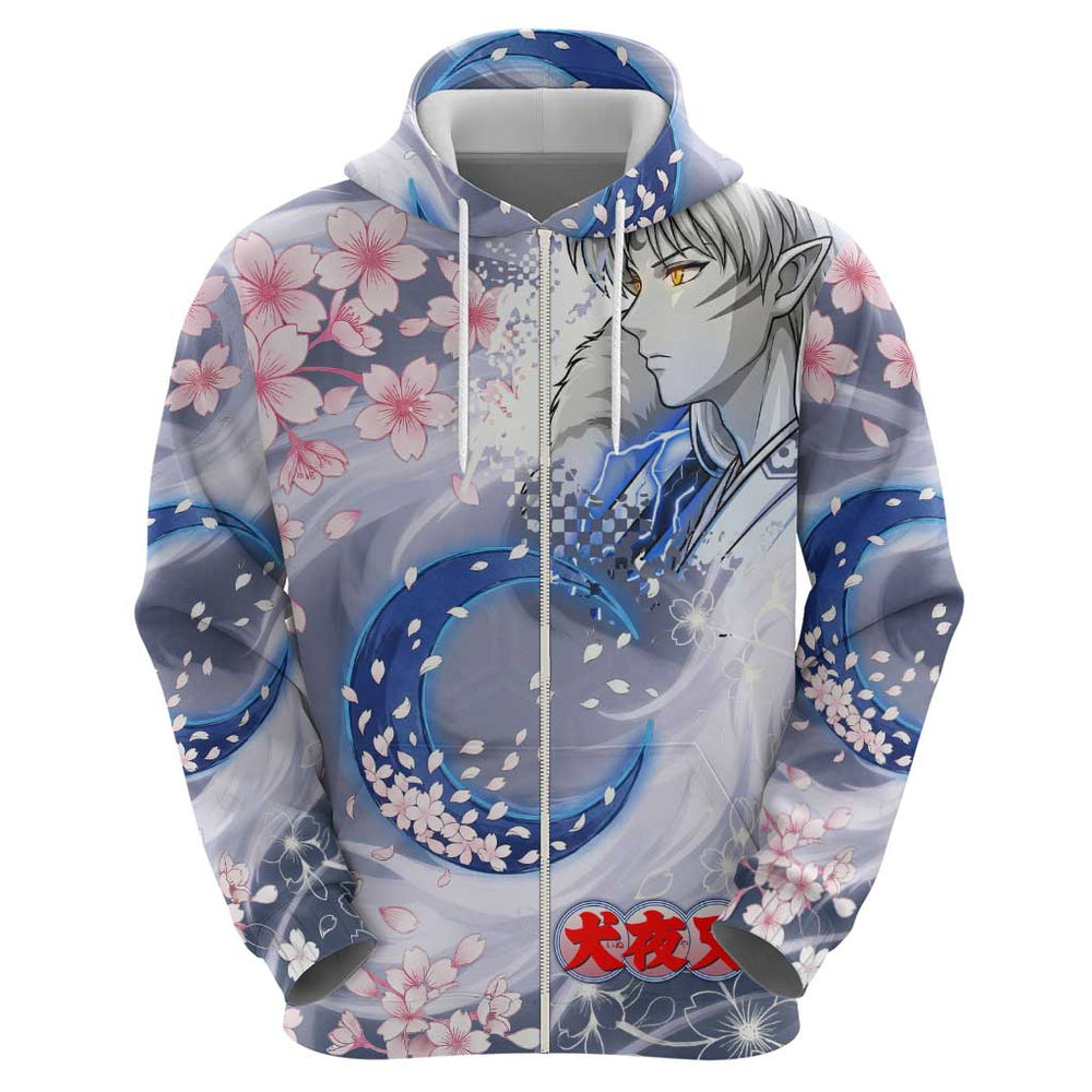 Sesshomaru Inuyasha Series Hoodie Elegant Sakura Storm Style with Crescent Moon Motif Sesshomaru Inuyasha Series Hoodie Elegant Sakura Storm Style with Crescent Moon Motif