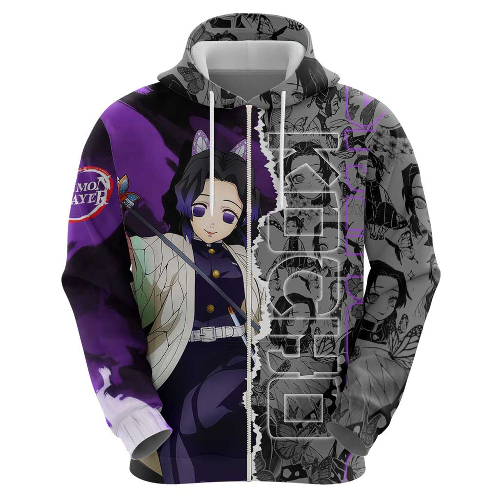 Shinobu Kocho Demon Slayer Hoodie with Insect Hashira Sword Pose and Elegant Butterfly Design Shinobu Kocho Demon Slayer Hoodie with Insect Hashira Sword Pose and Elegant Butterfly Design