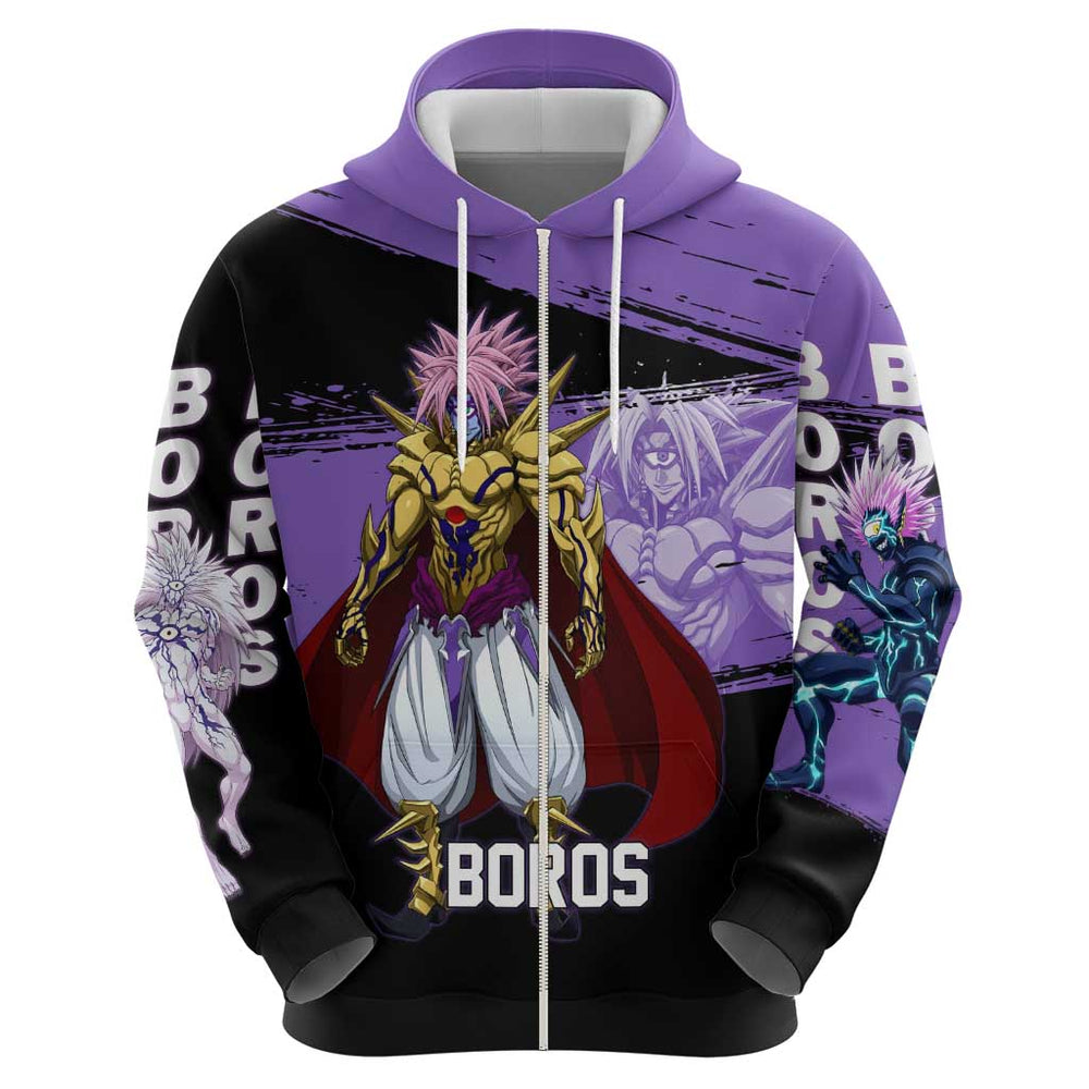 Boros One Punch Man Anime Purple and Black Theme Hoodie with Galactic Overlord Design and Intense Ba Boros One Punch Man Anime Purple and Black Theme Hoodie with Galactic Overlord Design and Intense Ba