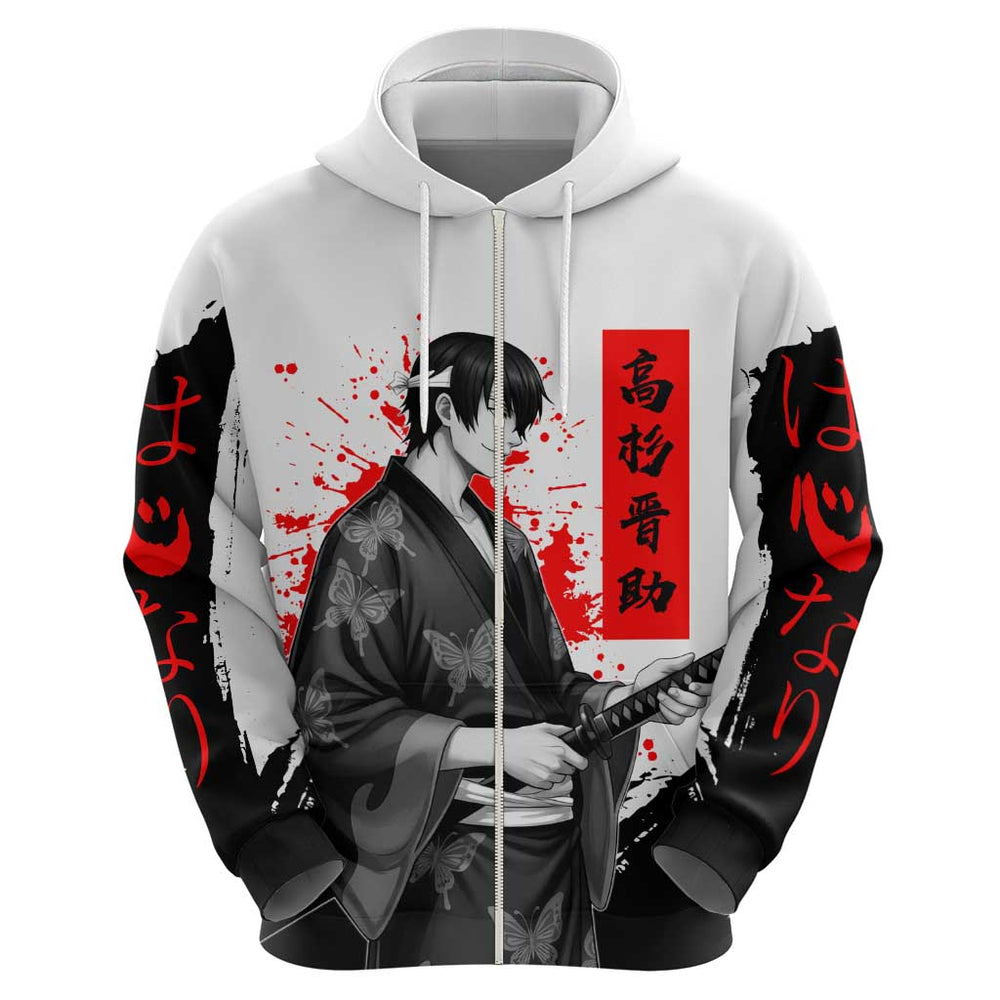 Shinsuke Takasugi Gintama Samurai Design Hoodie with Katana Red Calligraphy and Oni Mask Art Shinsuke Takasugi Gintama Samurai Design Hoodie with Katana Red Calligraphy and Oni Mask Art
