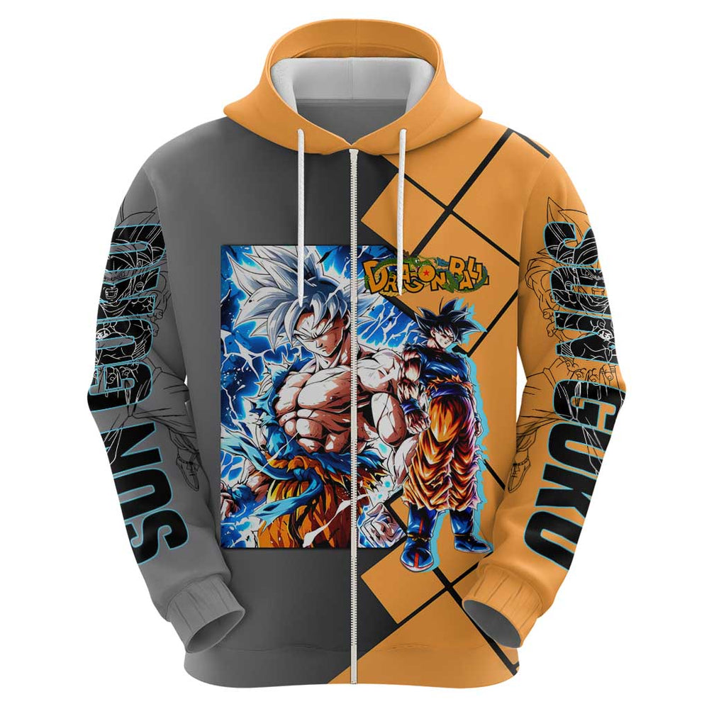 Son Goku Dragon Ball Hoodie with Super Saiyan Aura and Powerful Fighting Pose Design Son Goku Dragon Ball Hoodie with Super Saiyan Aura and Powerful Fighting Pose Design