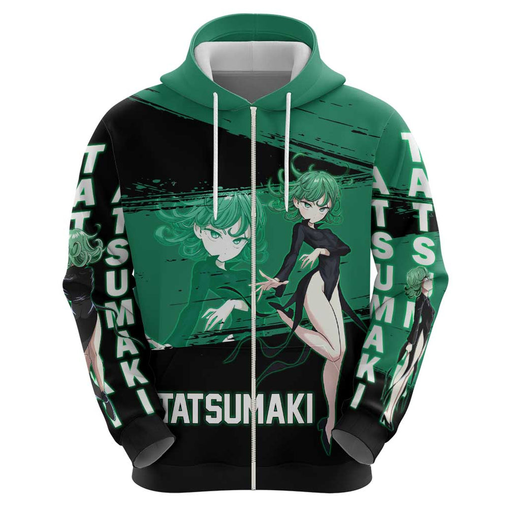 Tatsumaki One Punch Man Anime Green and Black Theme Hoodie with Psychic Power Effects and Bold Tatsumaki One Punch Man Anime Green and Black Theme Hoodie with Psychic Power Effects and Bold