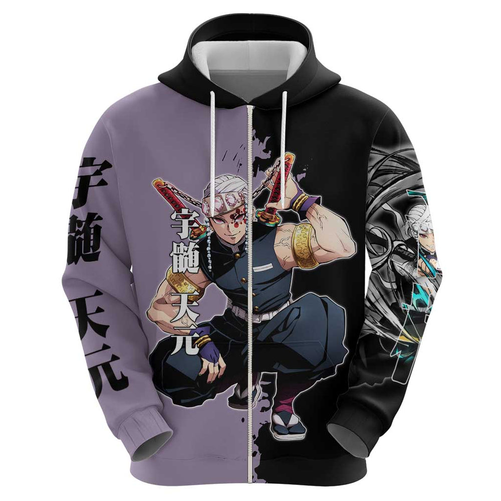 Tengen Uzui from Demon Slayer Hoodie with Purple and Black Split Design and Dual Sword Manga Panel L Tengen Uzui from Demon Slayer Hoodie with Purple and Black Split Design and Dual Sword Manga Panel L