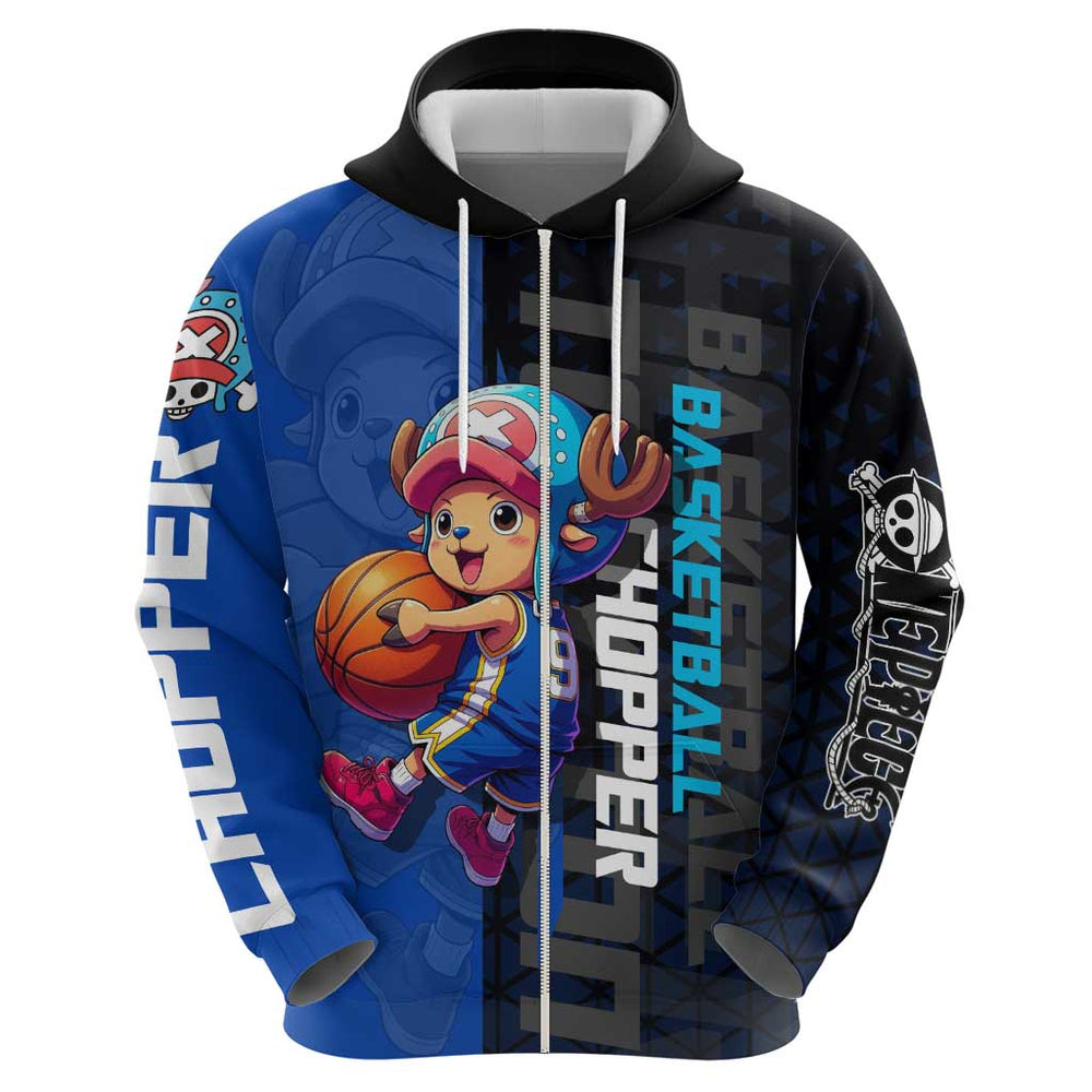 Tony Tony Chopper One Piece Basketball Theme Blue and Black Design Hoodie with Straw Hat Crew Emblem Tony Tony Chopper One Piece Basketball Theme Blue and Black Design Hoodie with Straw Hat Crew Emblem
