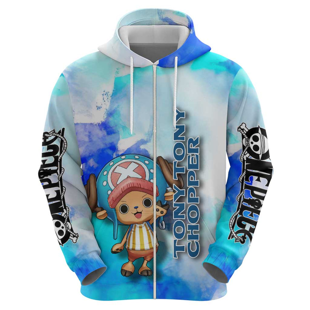 Tony Tony Chopper One Piece Blue Theme Hoodie with Cute Reindeer Design and Transformation Forms Tony Tony Chopper One Piece Blue Theme Hoodie with Cute Reindeer Design and Transformation Forms