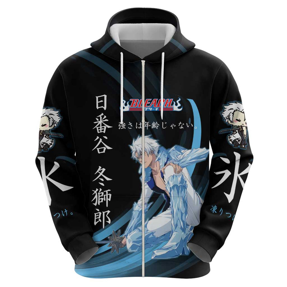 Toshiro Hitsugaya Bleach Anime Black and Blue Theme Hoodie with Ice Dragon Elements and Japanese Quo Toshiro Hitsugaya Bleach Anime Black and Blue Theme Hoodie with Ice Dragon Elements and Japanese Quo
