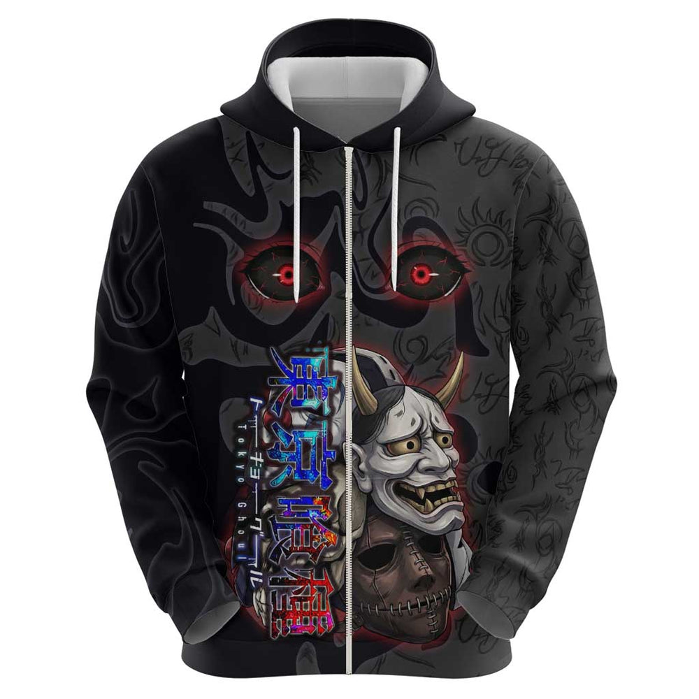 Uta Tokyo Ghoul Hoodie Dark Urban Tattoo Style with Oni Mask Elements Uta Tokyo Ghoul Hoodie Dark Urban Tattoo Style with Oni Mask Elements