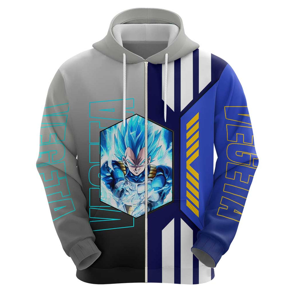 Vegeta from Dragon Ball Hoodie with Super Saiyan Blue Form and Action Pose Design Vegeta from Dragon Ball Hoodie with Super Saiyan Blue Form and Action Pose Design