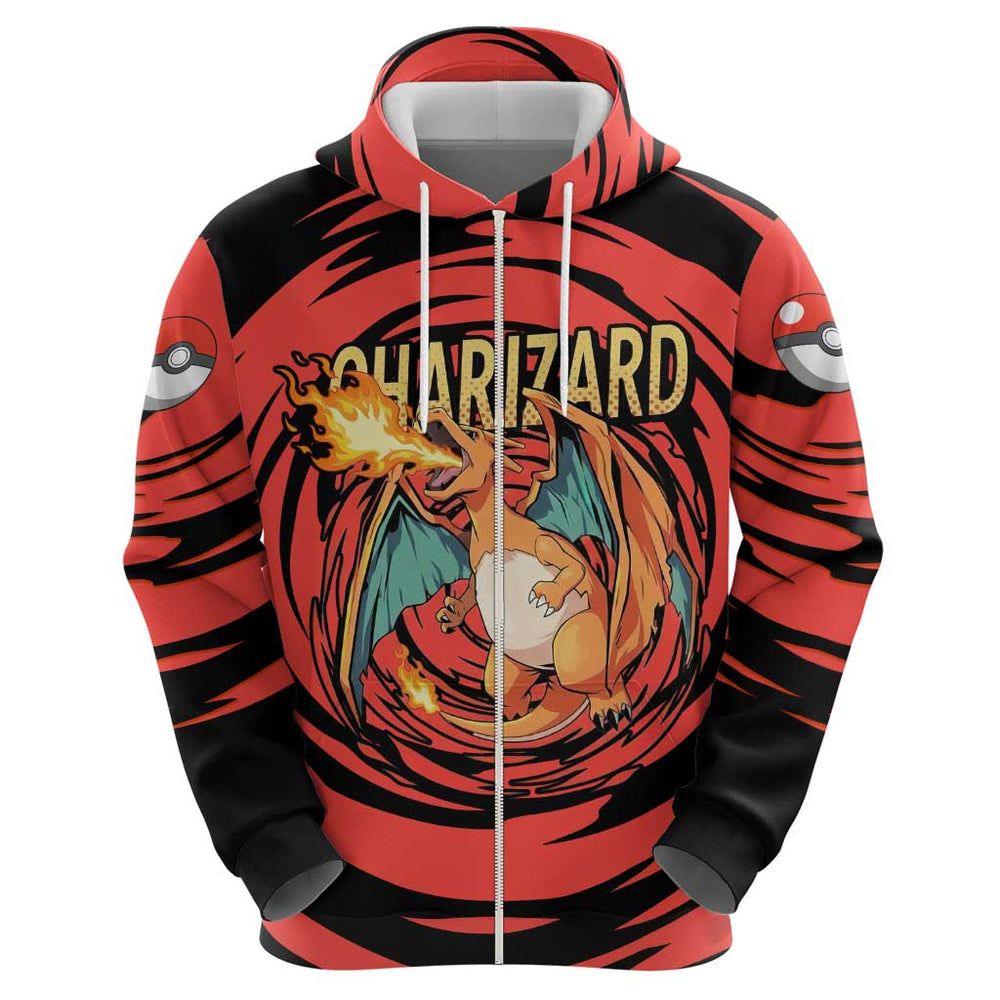 Charizard Pok mon Red and Black Swirl Design Hoodie with Flames Pok ball Accents and Dynamic Fire-Br Charizard Pok mon Red and Black Swirl Design Hoodie with Flames Pok ball Accents and Dynamic Fire-Br