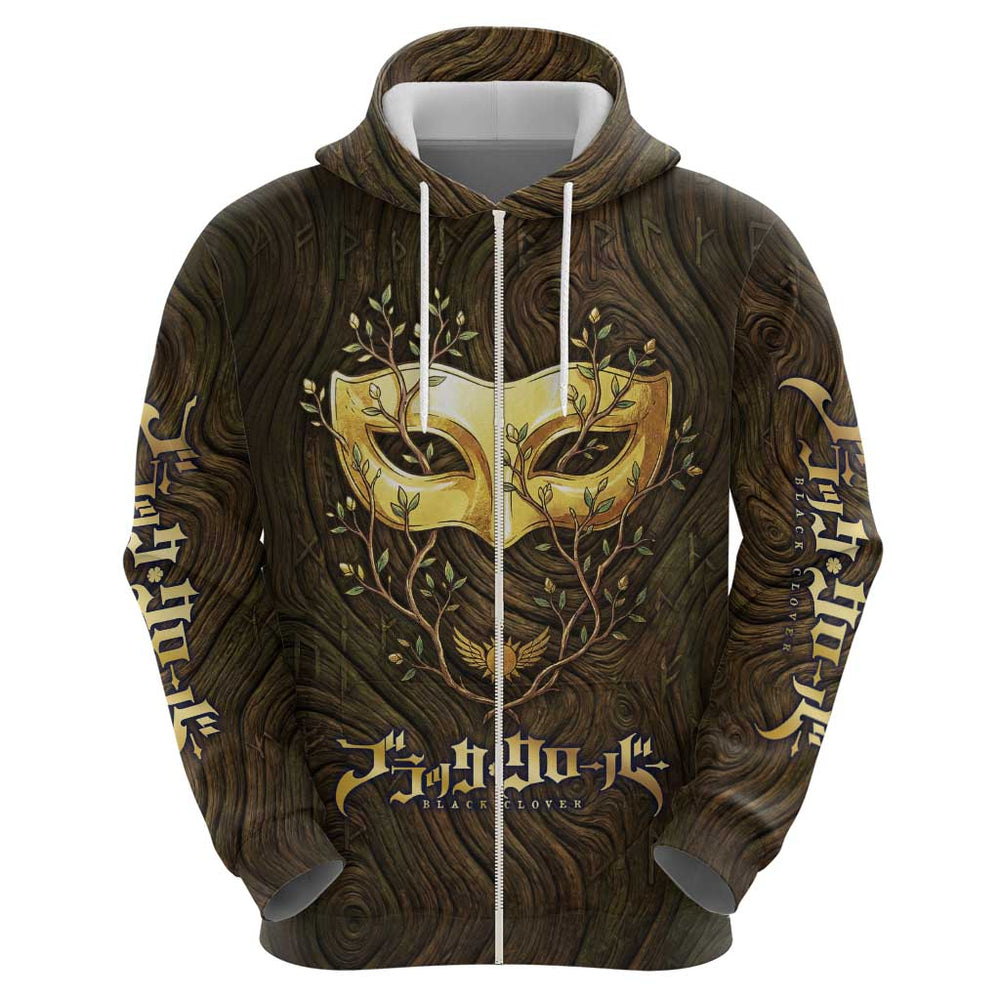 William Vangeance Black Clover Hoodie Enchanted Woodgrain Style with Duality and Golden Mask Motif William Vangeance Black Clover Hoodie Enchanted Woodgrain Style with Duality and Golden Mask Motif
