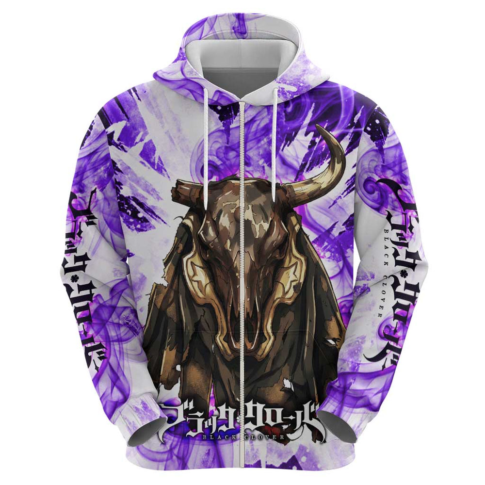 Yami Sukehiro Black Clover Hoodie Dark Magic Anime Style with Purple Smoke and Bull Emblem Yami Sukehiro Black Clover Hoodie Dark Magic Anime Style with Purple Smoke and Bull Emblem