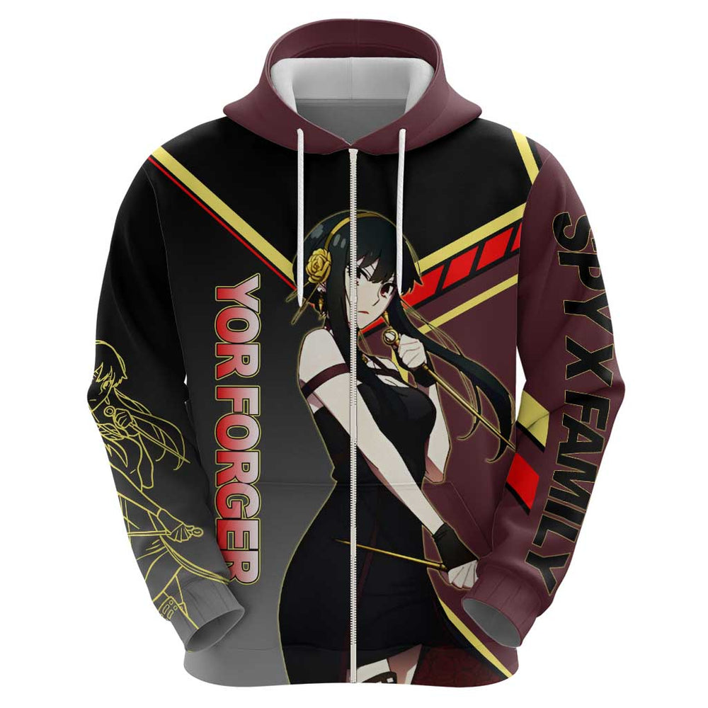 Yor Forger Spy x Family Red and Black Assassin Theme Hoodie with Elegant Weapon Pose and Bold Color Yor Forger Spy x Family Red and Black Assassin Theme Hoodie with Elegant Weapon Pose and Bold Color