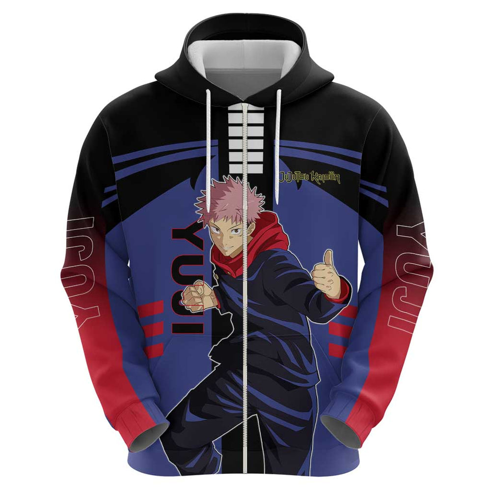 Yuji Itadori from Jujutsu Kaisen Hoodie with Cursed Energy and Dynamic Fighting Pose Design Yuji Itadori from Jujutsu Kaisen Hoodie with Cursed Energy and Dynamic Fighting Pose Design