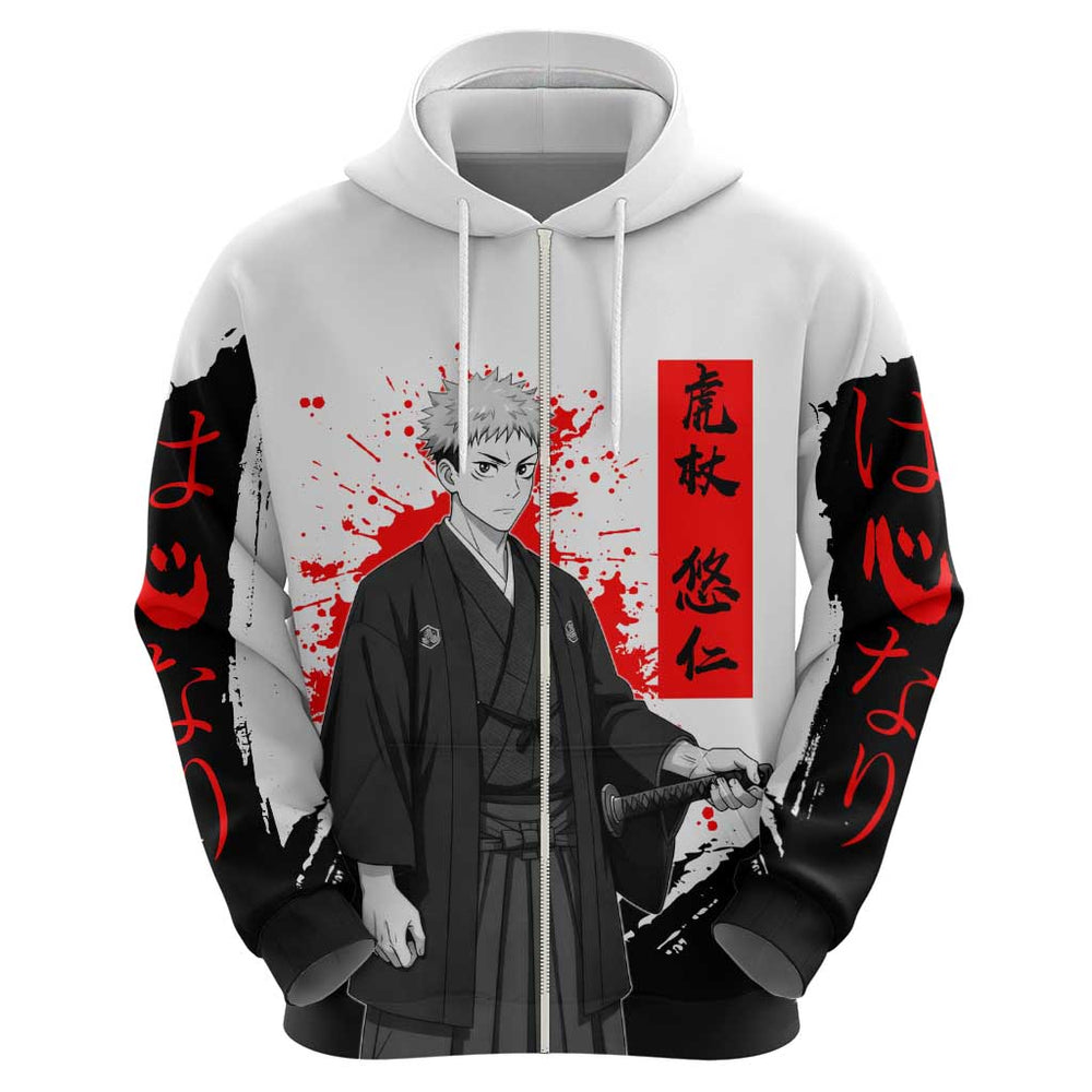 Yuji Itadori Jujutsu Kaisen Samurai Design Hoodie with Katana Red Kanji Elements and Oni Mask Graphi Yuji Itadori Jujutsu Kaisen Samurai Design Hoodie with Katana Red Kanji Elements and Oni Mask Graphi