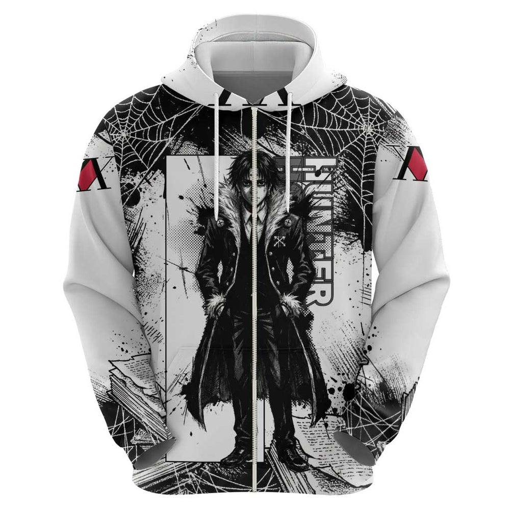 Chrollo Lucilfer Gothic Style Hoodie with Spider Webs Grimoire Illustration and Monochrome Design Chrollo Lucilfer Gothic Style Hoodie with Spider Webs Grimoire Illustration and Monochrome Design