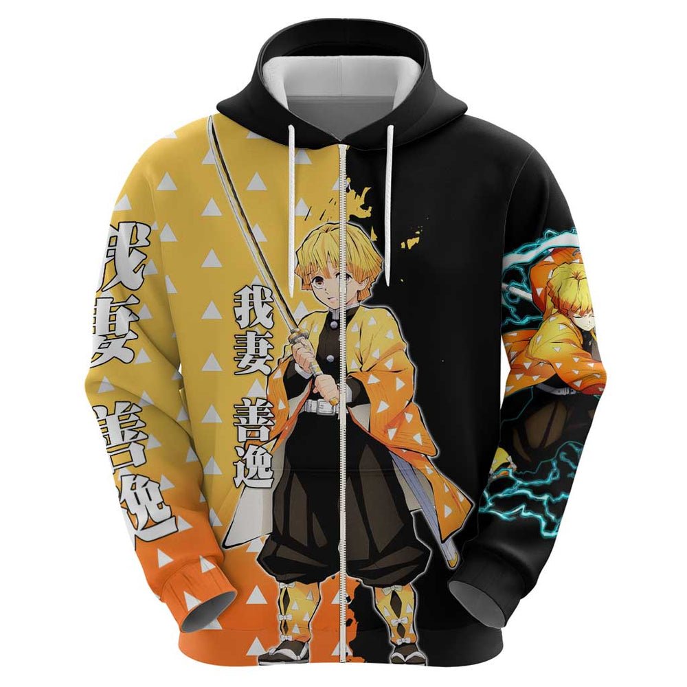 Zenitsu Agatsuma from Demon Slayer Hoodie with Yellow Lightning Kimono and Thunder Effects Design Zenitsu Agatsuma from Demon Slayer Hoodie with Yellow Lightning Kimono and Thunder Effects Design