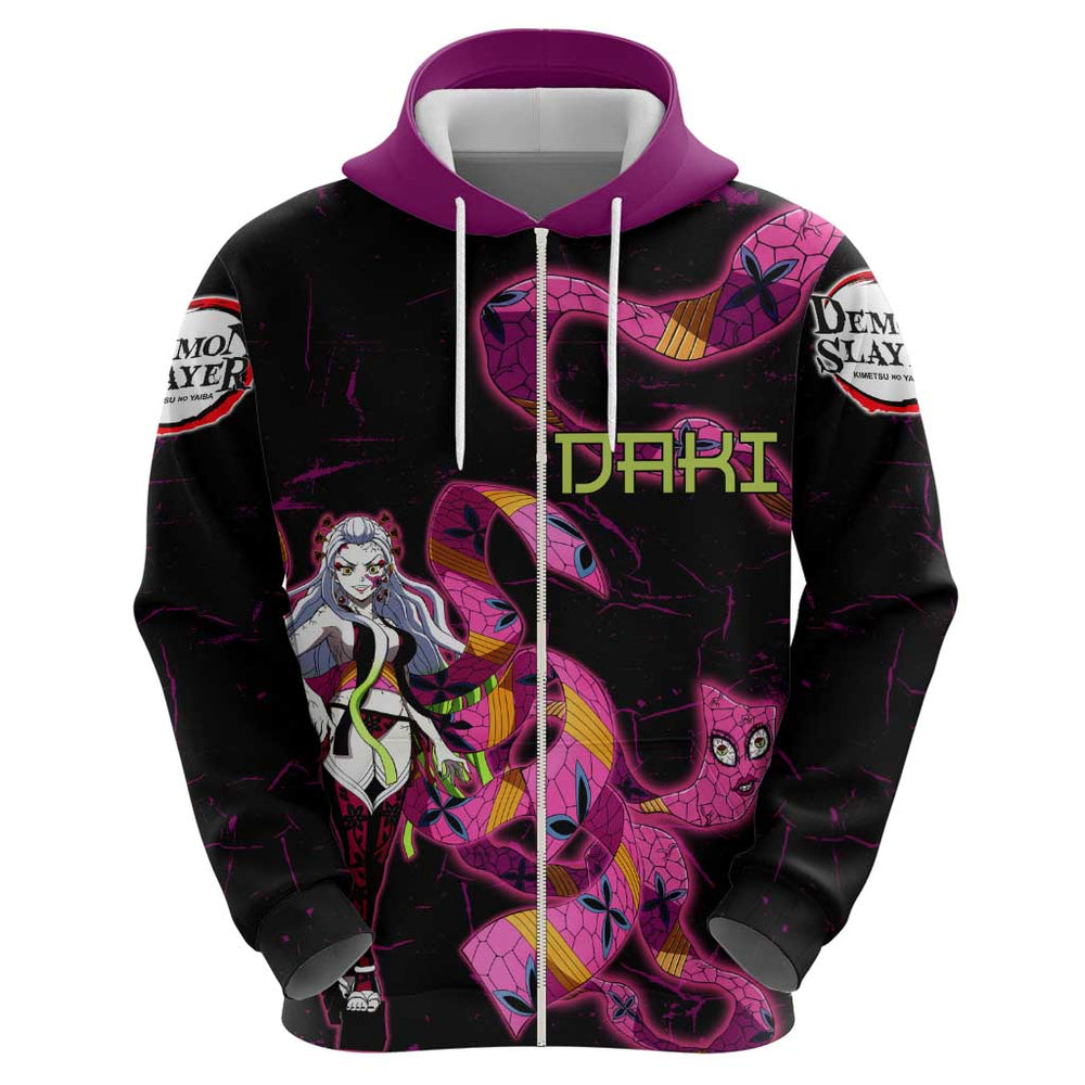 Daki Demon Slayer Theme Hoodie with Obi Sash Design and Neon Pink Green Graphic Elements Daki Demon Slayer Theme Hoodie with Obi Sash Design and Neon Pink Green Graphic Elements