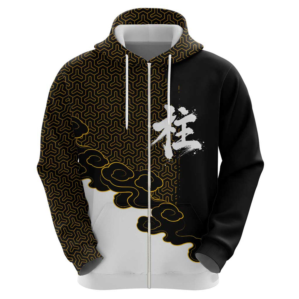 Demon Slayer Hashira Group Design Hoodie with Gold Cloud Pattern and Stylized Kanji Motif Demon Slayer Hashira Group Design Hoodie with Gold Cloud Pattern and Stylized Kanji Motif