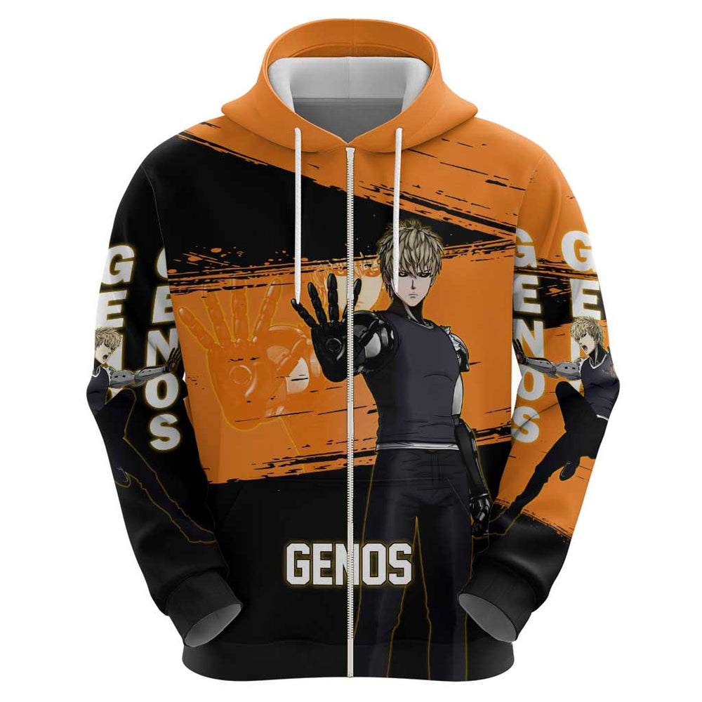 Genos One Punch Man Anime Orange and Black Theme Hoodie with Cyborg Arm Blast and Intense Action Pos Genos One Punch Man Anime Orange and Black Theme Hoodie with Cyborg Arm Blast and Intense Action Pos