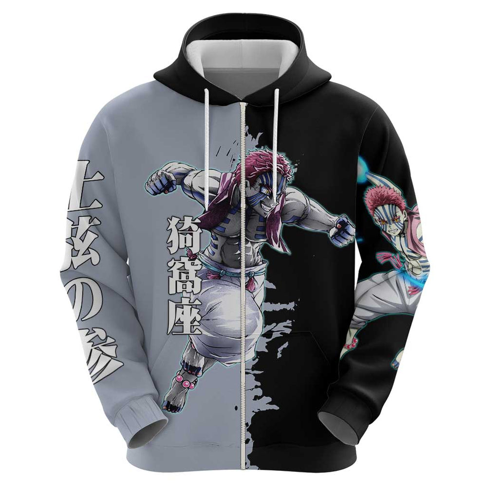 Akaza from Demon Slayer Hoodie with Split Color Background and Martial Arts Pose Manga Style Design Akaza from Demon Slayer Hoodie with Split Color Background and Martial Arts Pose Manga Style Design