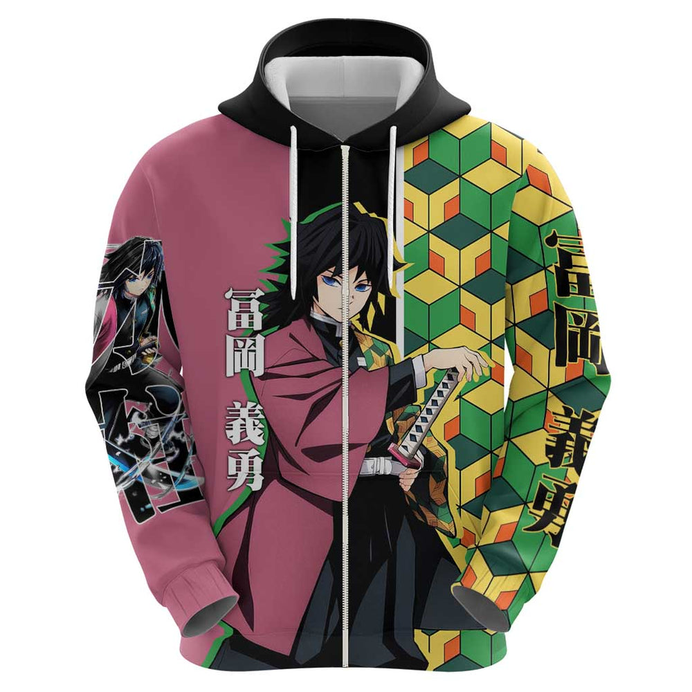 Giyu Tomioka from Demon Slayer Hoodie with Geometric Pattern Sleeve and Pink and Black Manga Panel D Giyu Tomioka from Demon Slayer Hoodie with Geometric Pattern Sleeve and Pink and Black Manga Panel D