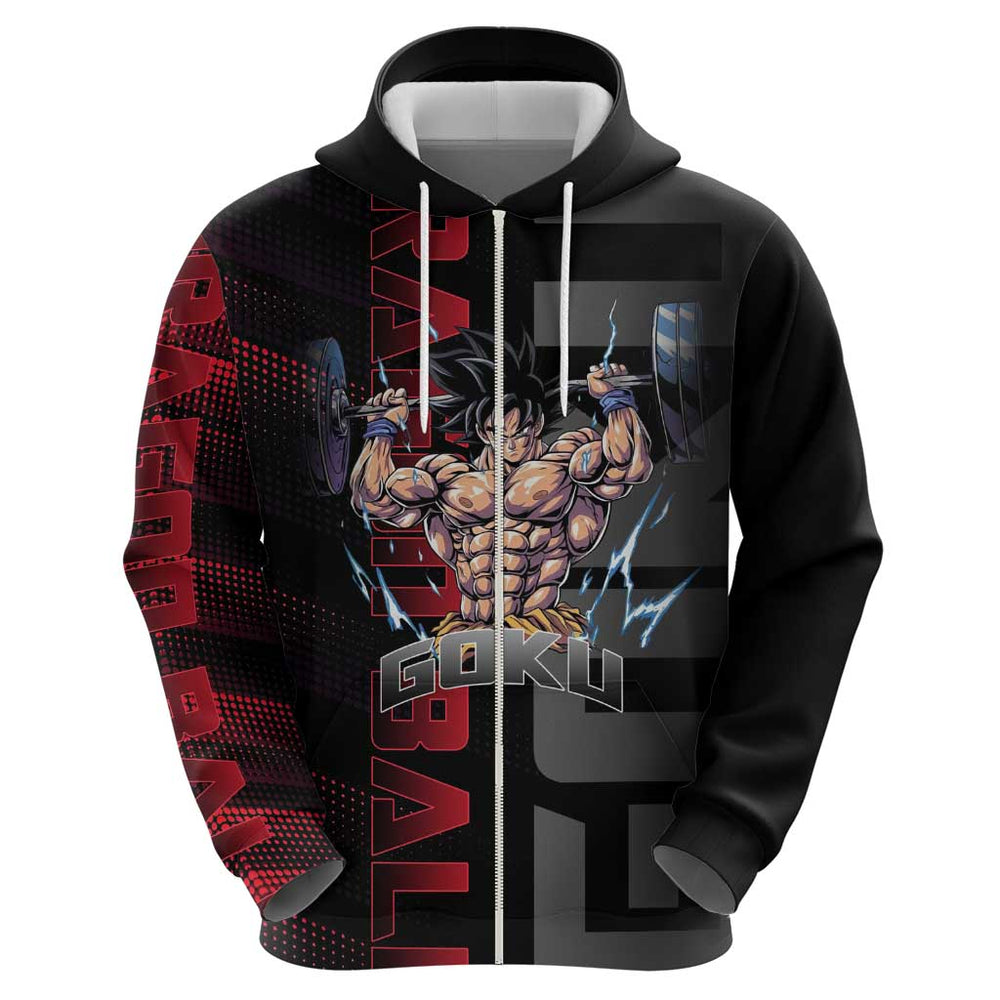 Goku Gym Theme Black and Red Design Hoodie with Dumbbell Lightning Art and Muscle Training Pose Goku Gym Theme Black and Red Design Hoodie with Dumbbell Lightning Art and Muscle Training Pose