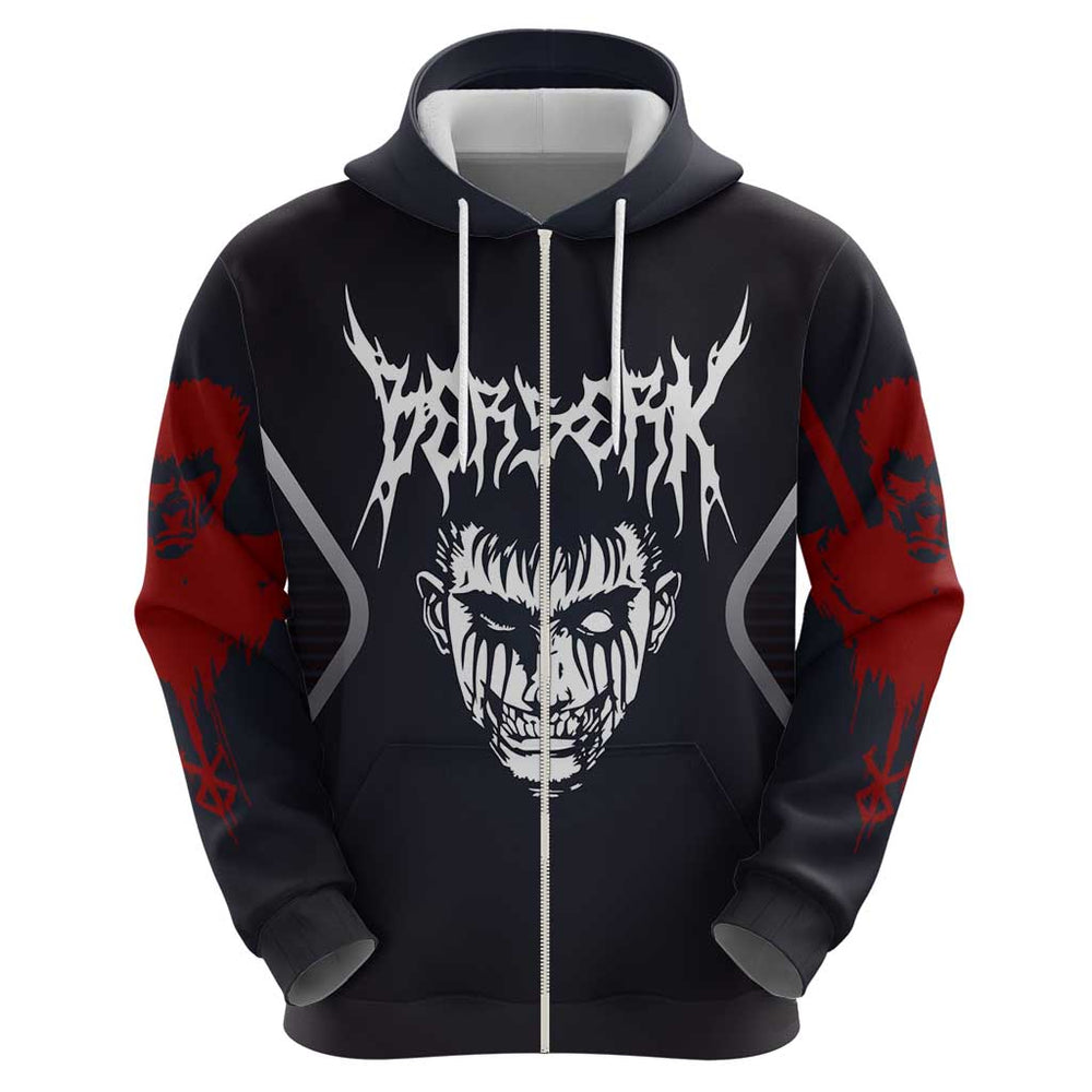 Guts Berserk Hoodie with Black Red Dark Theme and Fierce Warrior Anime Design Guts Berserk Hoodie with Black Red Dark Theme and Fierce Warrior Anime Design
